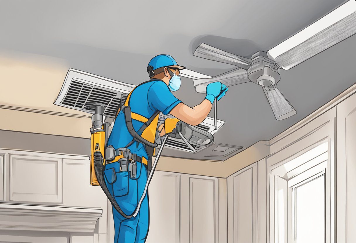 A technician cleans air ducts in a Plano home, using specialized equipment to remove dust and debris