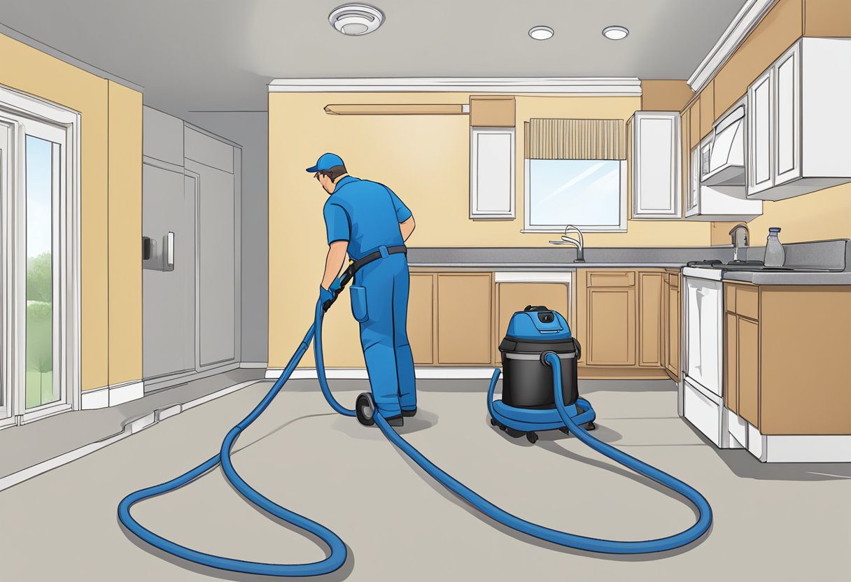 A technician in a uniform uses a powerful vacuum to clean dust and debris from a large air duct in a residential home in Plano, TX