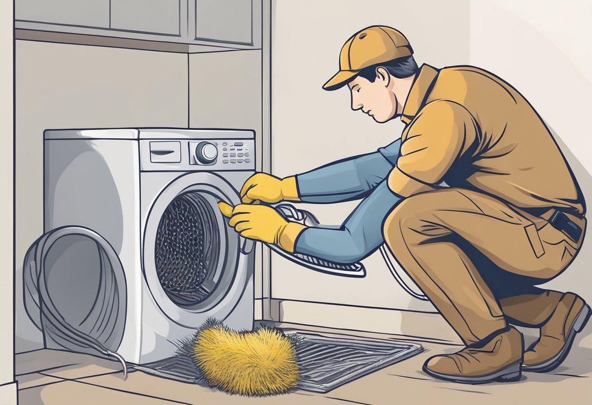 A technician uses a specialized brush to clean out a clogged dryer vent in a Plano, TX home. Debris and lint are removed, ensuring proper airflow