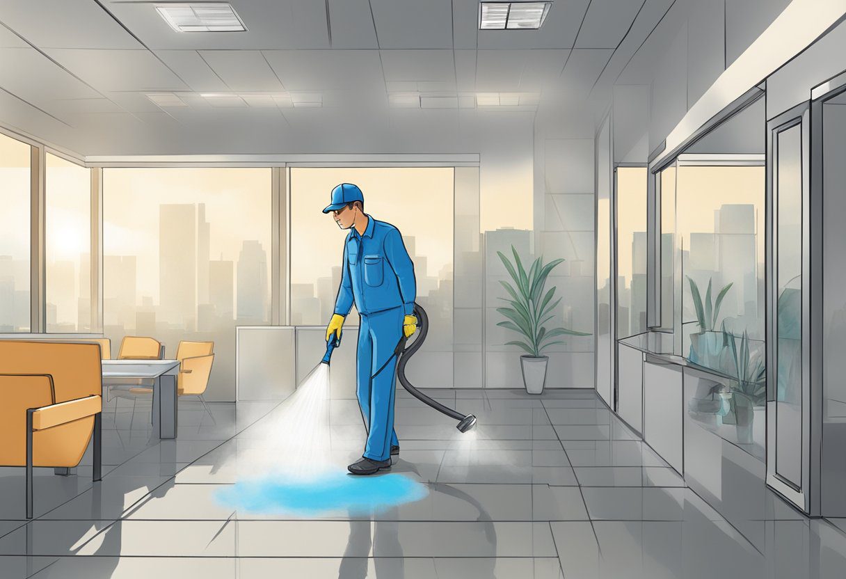 A technician sprays a mist of cleaning solution, eliminating odors in a Plano TX space