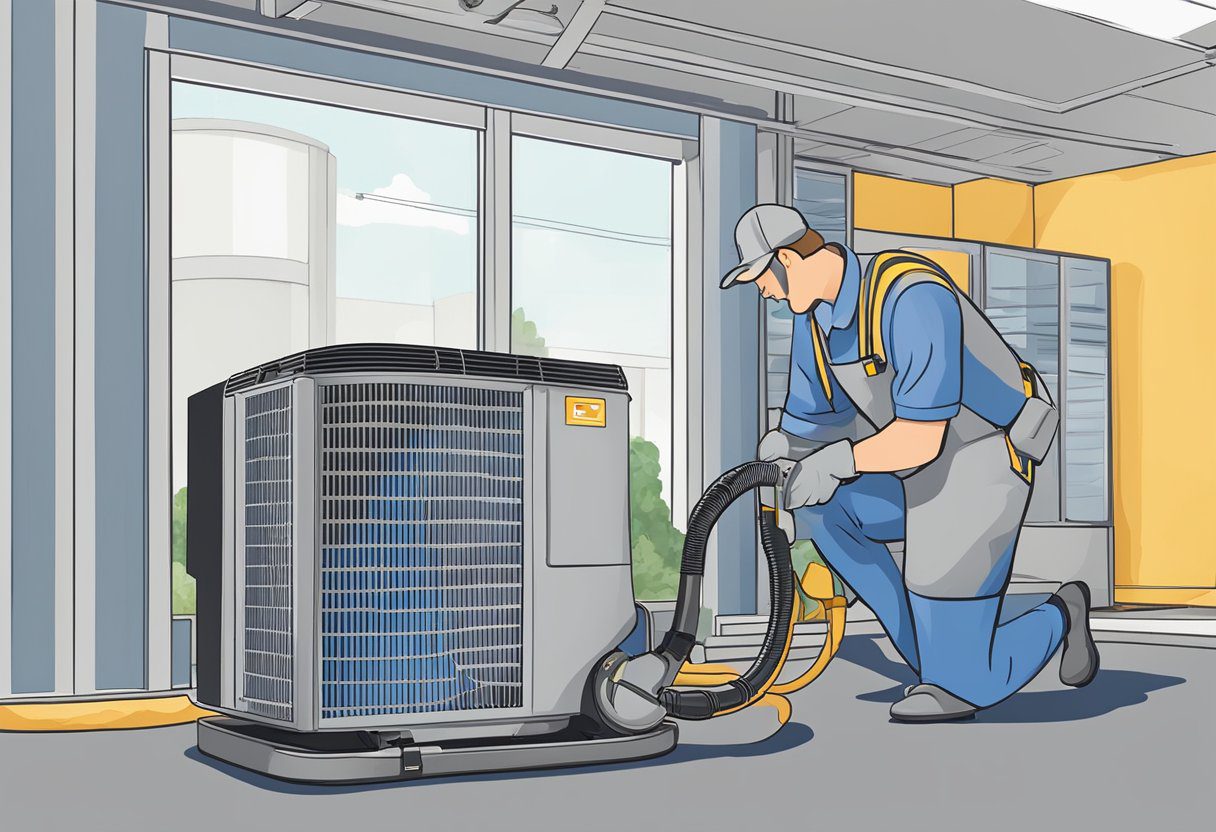 A technician cleans a dusty HVAC system in Plano, TX. Vacuuming, wiping, and sanitizing the unit to improve air quality