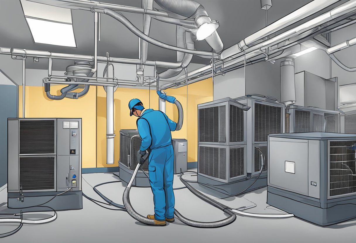 A technician cleans HVAC air ducts in a commercial building using specialized equipment in Plano, TX. Dust and debris are removed to improve air quality