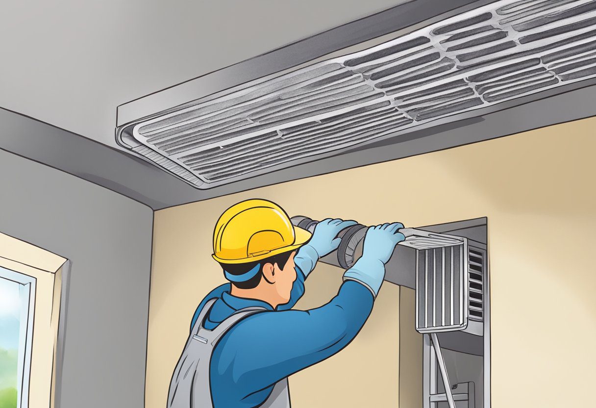 A technician cleans a dusty air duct in a Plano, TX home using specialized equipment