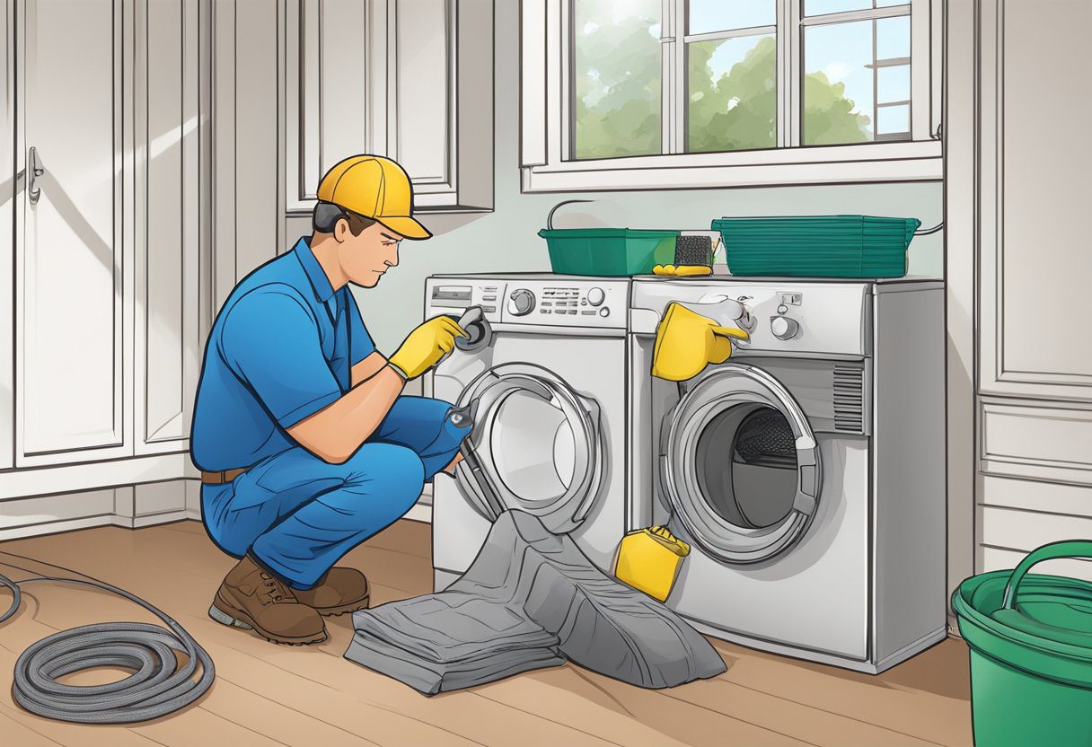 A technician cleans a residential dryer vent in Plano, TX, using specialized tools for maintenance