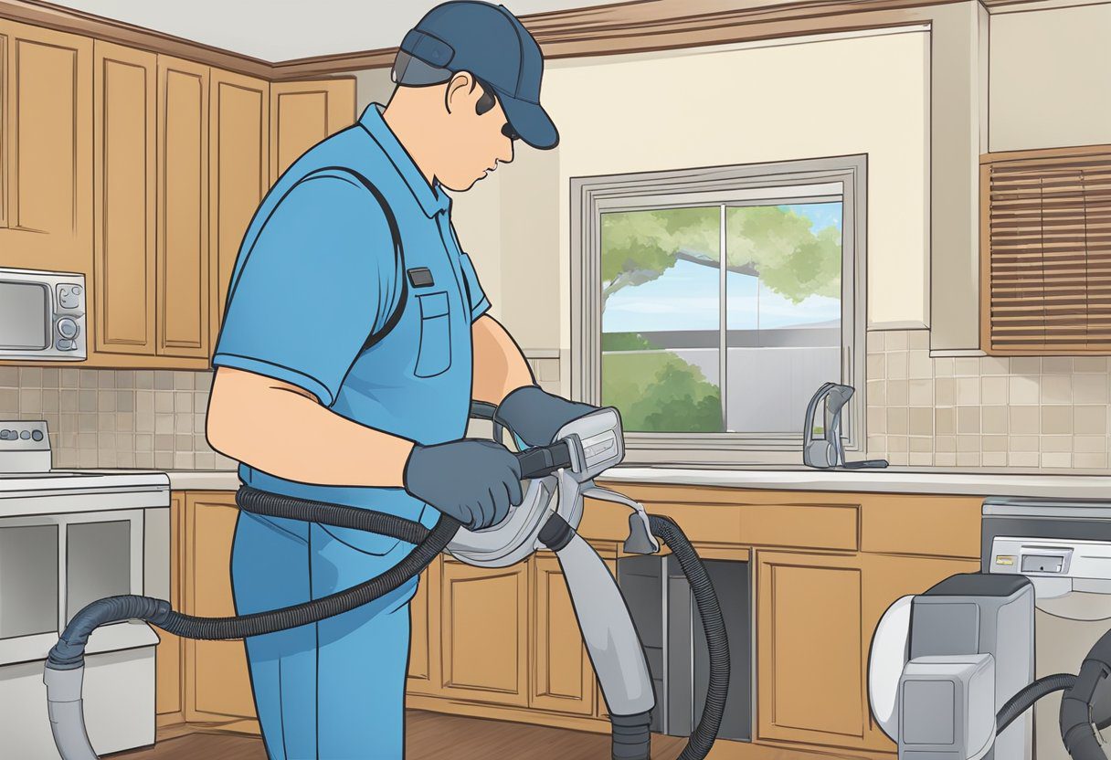 A technician using specialized equipment to clean air ducts in a residential home in Plano, TX. Dust and debris being removed from the ducts