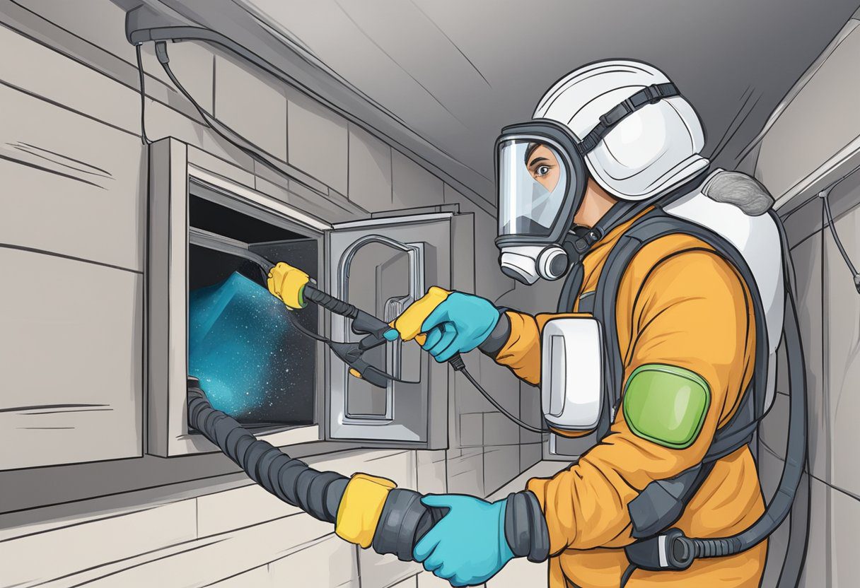 A technician in protective gear uses specialized equipment to clean mold and mildew from residential air ducts in Plano, TX