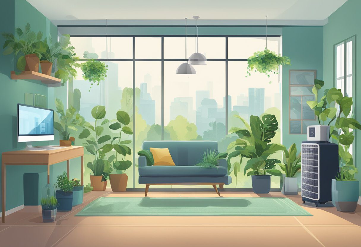 A room with air quality testing equipment, plants, an air purifier, and open windows to depict preventative measures for maintaining indoor air quality