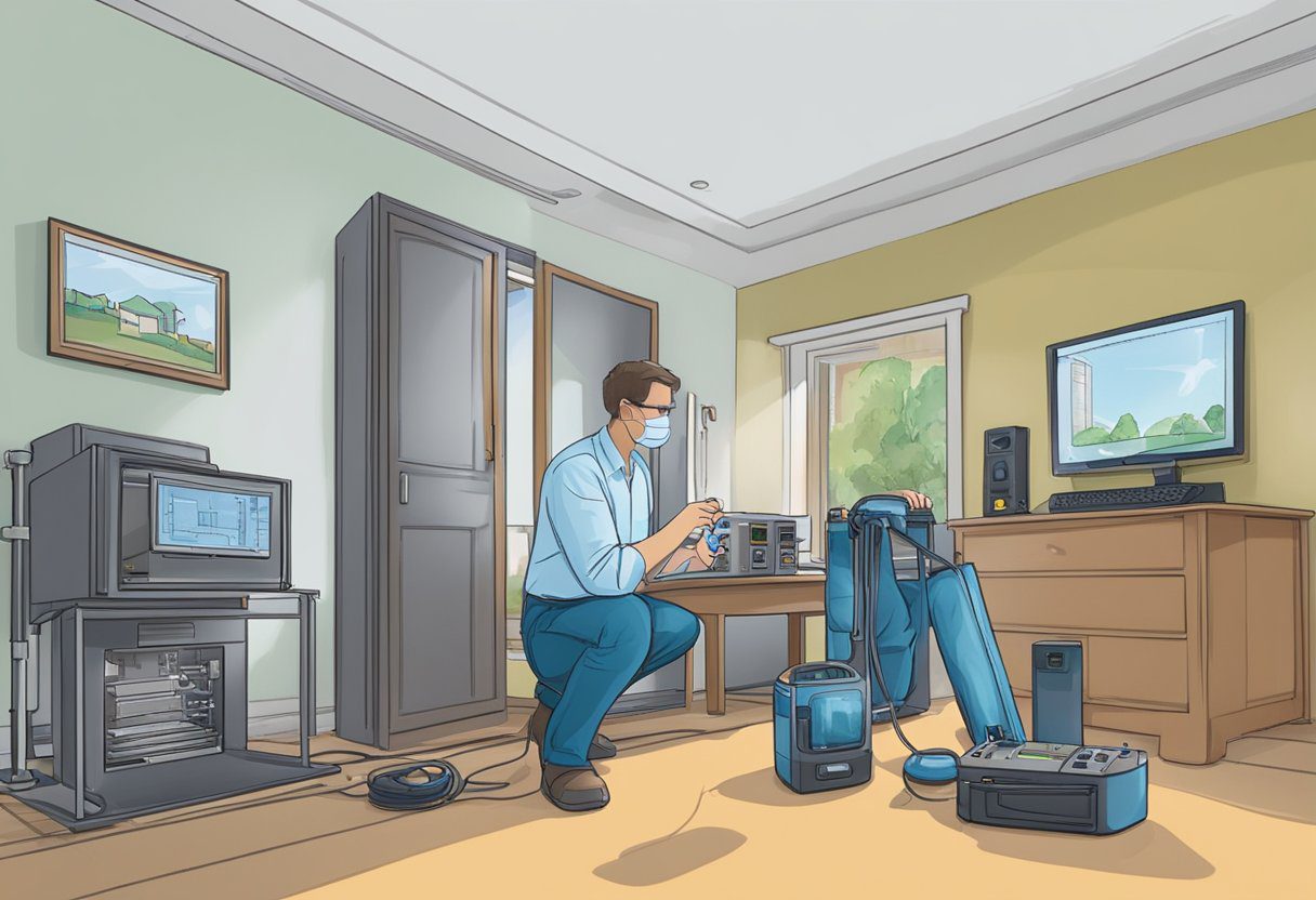 A technician sets up air quality testing equipment in a Plano TX home, carefully monitoring and recording data for analysis