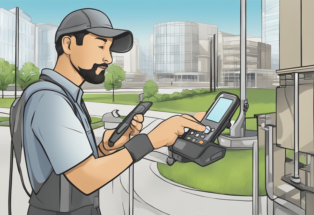 A technician tests air quality outdoors in Plano, TX using a handheld device