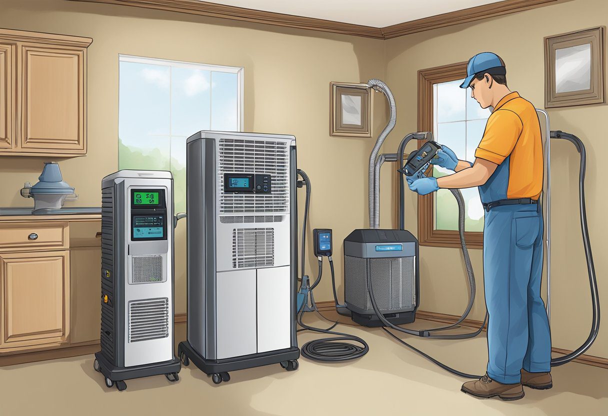 A technician sets up air quality testing equipment in a Plano, TX home, with focus on cost-effective solutions