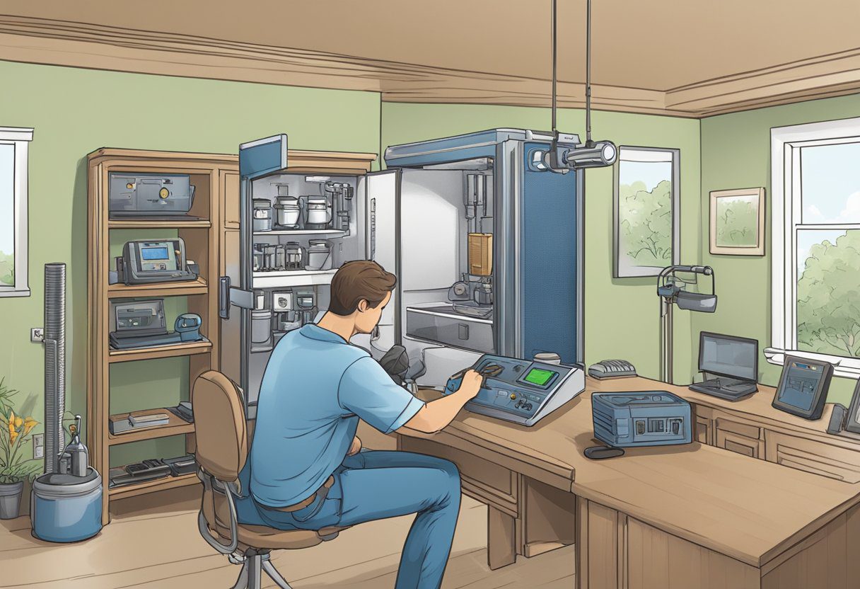 A technician conducts air quality testing in a Plano, TX home. Equipment is set up and readings are taken to assess the indoor air quality