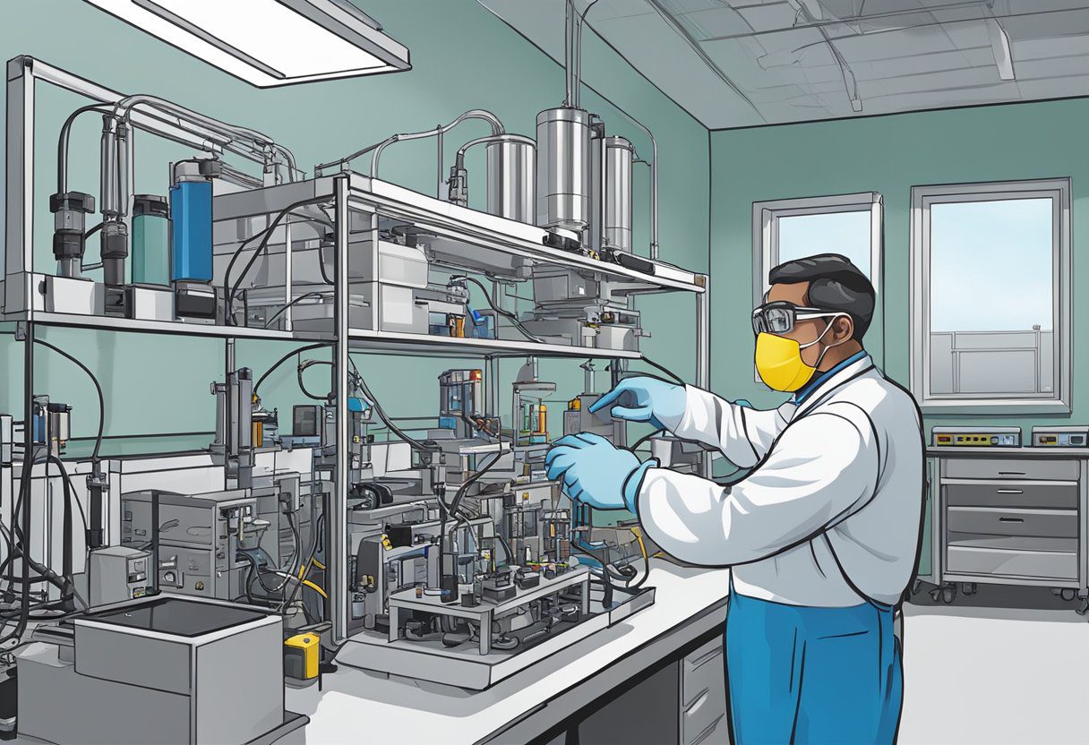 A technician in a lab setting conducts air quality tests using specialized equipment, following Texas regulations and standards