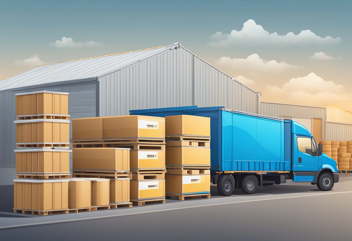 Various insulation materials stacked in a warehouse, with rolls, sheets, and loose fill options. A service truck parked outside the building