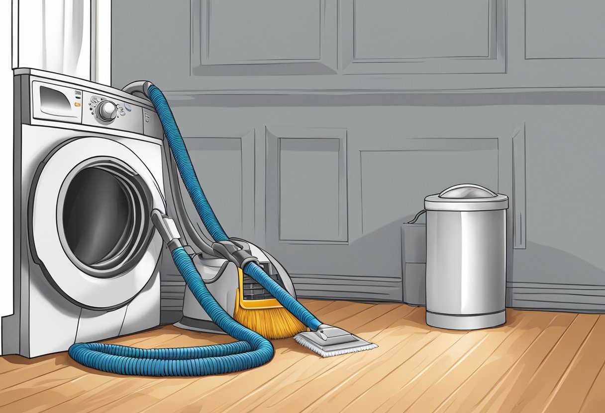 A vacuum, brush, and rod are used to clean a dryer vent. The vent is located in a residential area in Plano, Texas