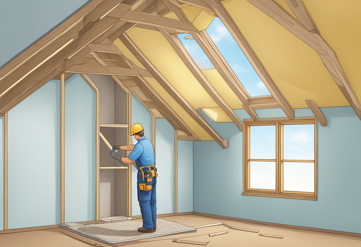 A worker installs insulation in a Plano TX home, cutting and fitting material into walls and attics