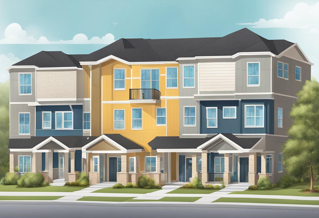 An illustration of a residential building in Plano, TX with insulation contractors measuring, cutting, and installing insulation materials. An emphasis on cost-saving techniques and efficient service delivery