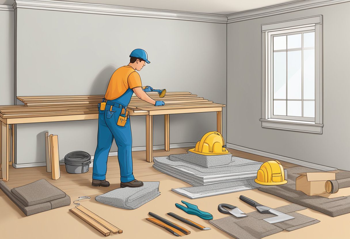 A worker installing insulation in a Plano TX home, surrounded by tools and materials, with a FAQ list on the wall