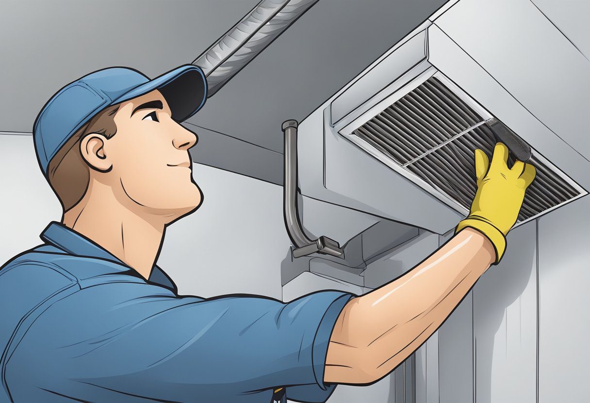 A technician inserts a long, flexible brush into a metal air duct, dislodging dust and debris. A powerful vacuum then sucks up the loosened particles, leaving the duct clean and clear