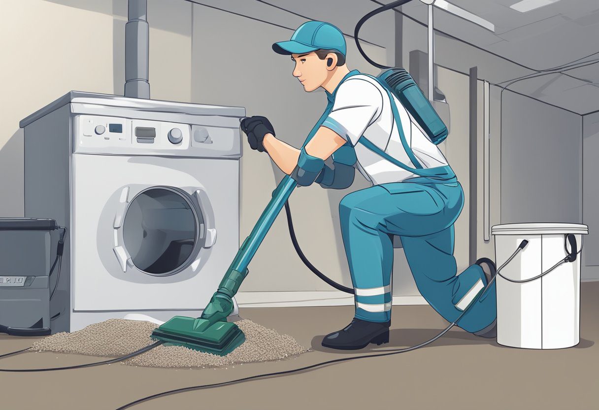 A technician in uniform uses a powerful vacuum to clean dirt and debris from a large air duct in a well-lit room