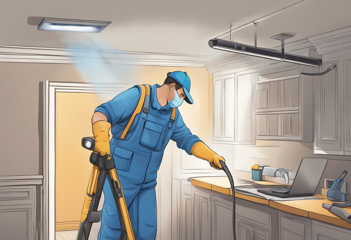 A technician inspecting dusty air ducts with a flashlight and cleaning tools in a residential home