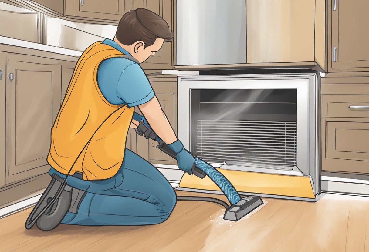 A technician uses a powerful vacuum to remove dust and debris from the air ducts, improving indoor air quality in a home in Plano, TX