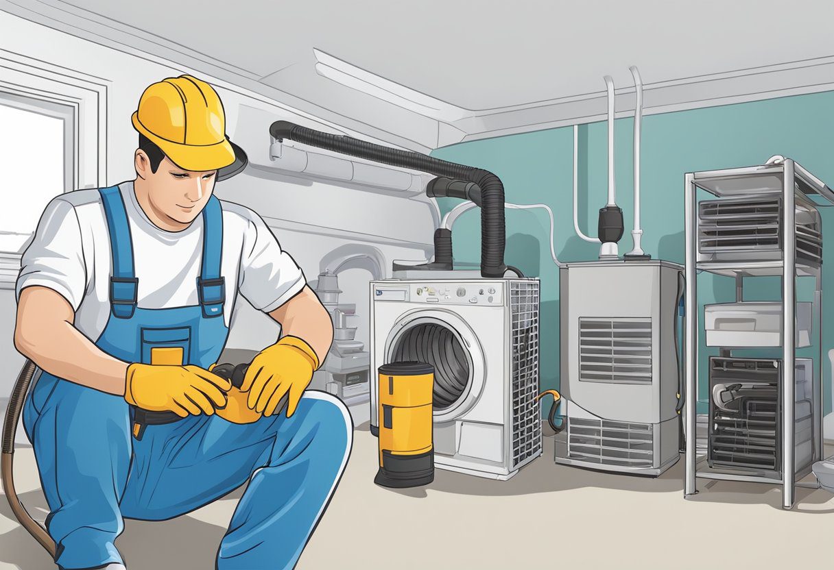 A technician in a uniform prepares equipment for air duct cleaning in a residential home, surrounded by ducts and HVAC components