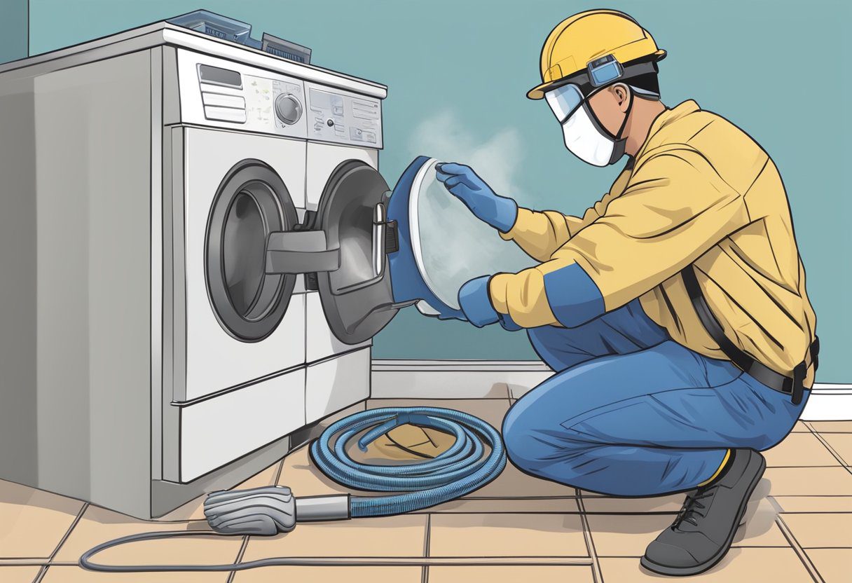 A technician cleaning a dryer vent with specialized tools in a residential setting. The technician is wearing protective gear and using a vacuum to remove lint and debris