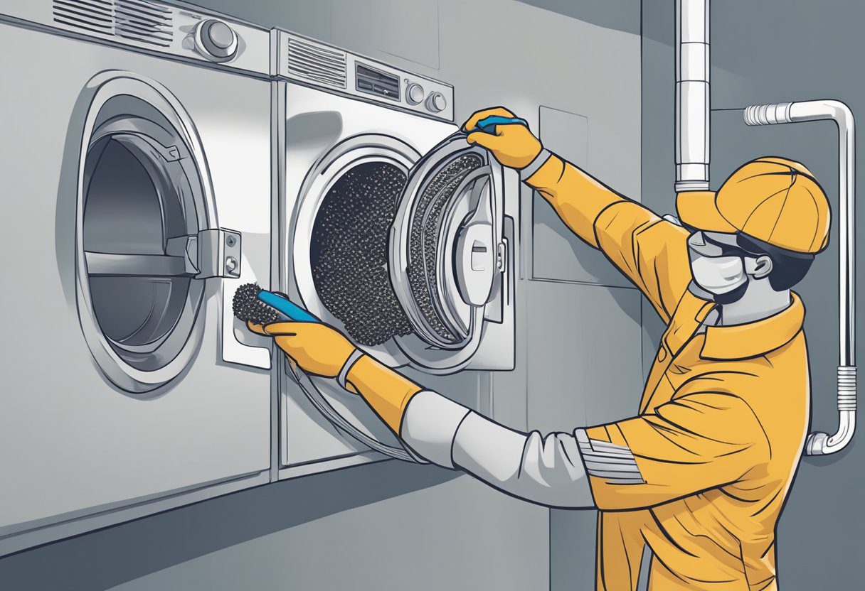 A technician inserts a long brush into a dryer vent, removing built-up lint and debris. A vacuum hose collects the dislodged particles, ensuring a thorough cleaning process