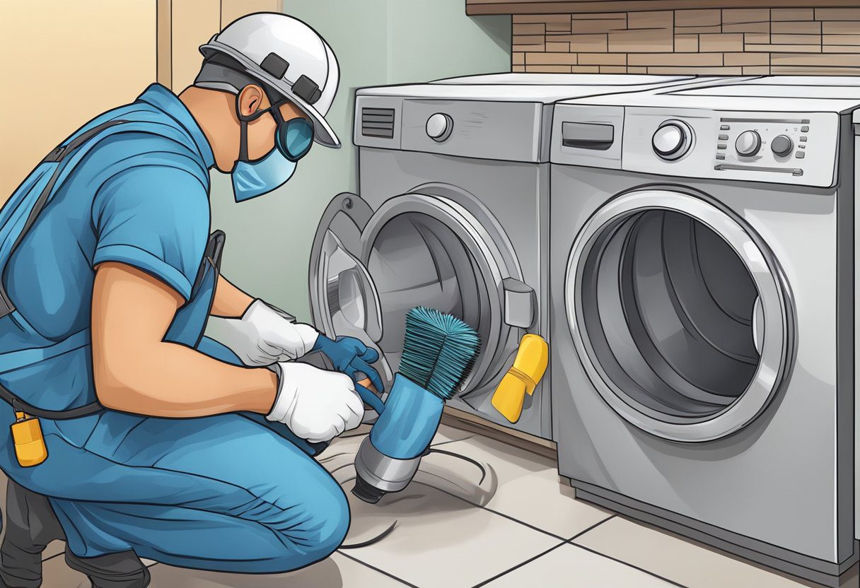 A technician wearing protective gear cleans a dryer vent with a vacuum and brush, ensuring proper airflow and reducing fire hazards