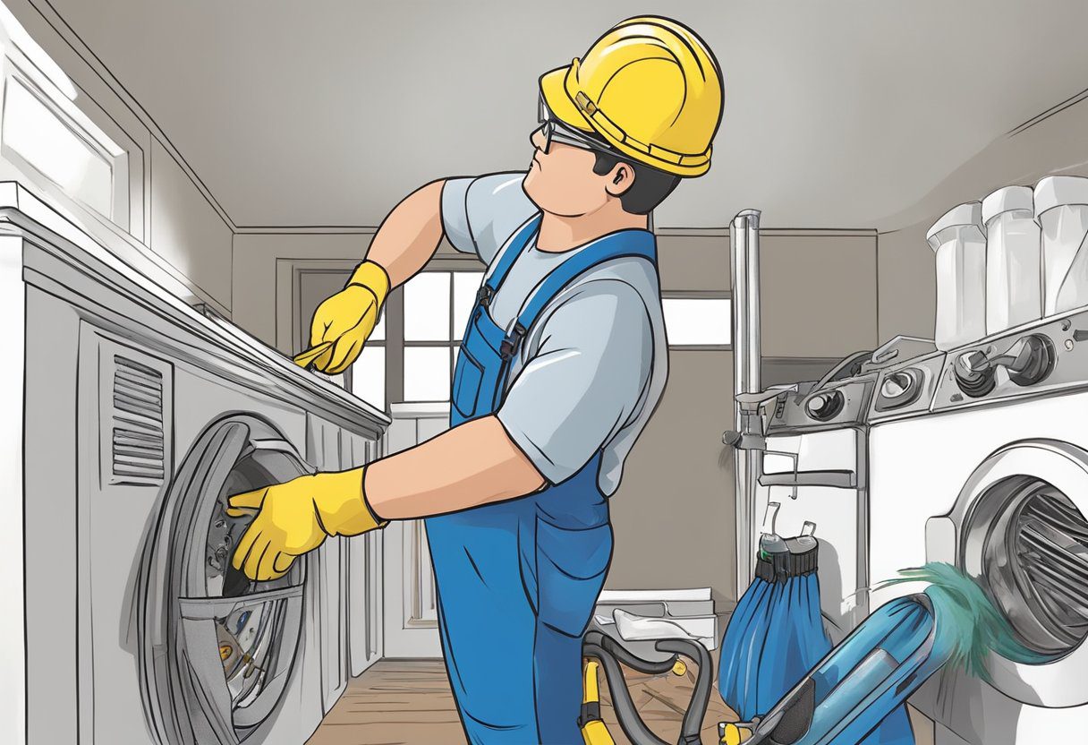 A technician cleaning a dryer vent with specialized tools and equipment in a Plano, TX home. Debris and lint being removed from the vent