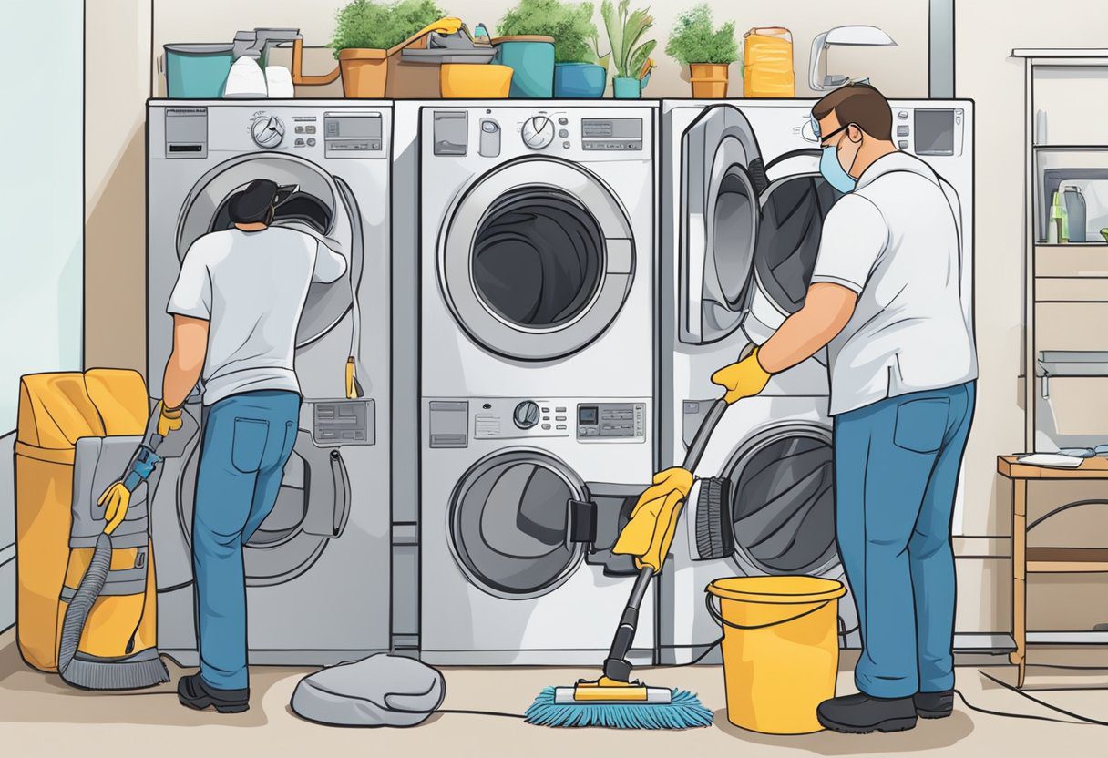 A homeowner uses a DIY brush kit to clean their dryer vent, while a professional technician uses specialized equipment for a thorough cleaning