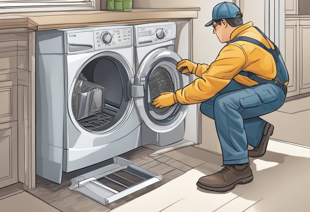 A technician inspects a dryer vent in a Plano, TX home, ensuring compliance with legal regulations