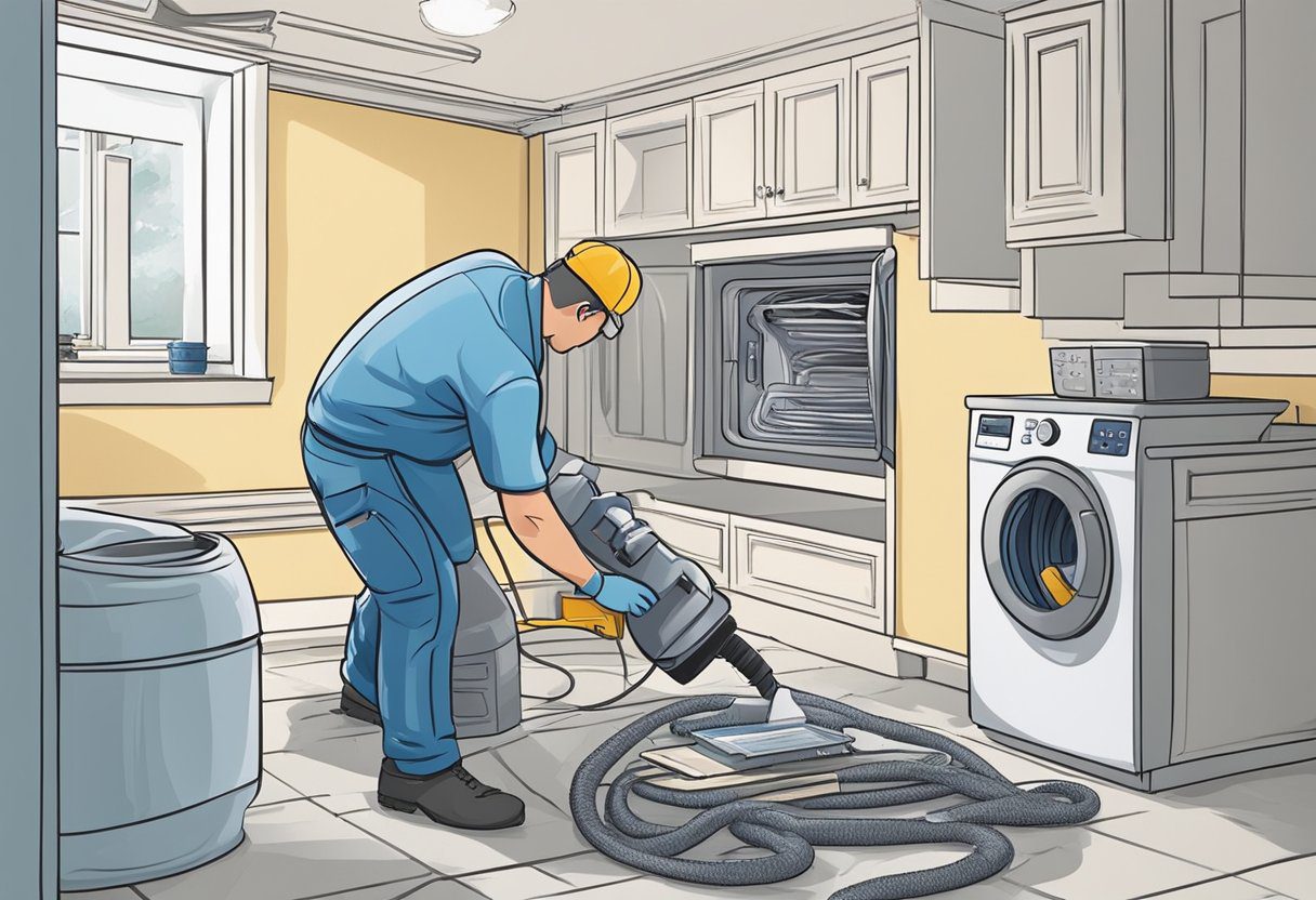 A technician cleans a dryer vent with specialized tools in a well-lit laundry room. Lint and debris are removed, ensuring efficient airflow