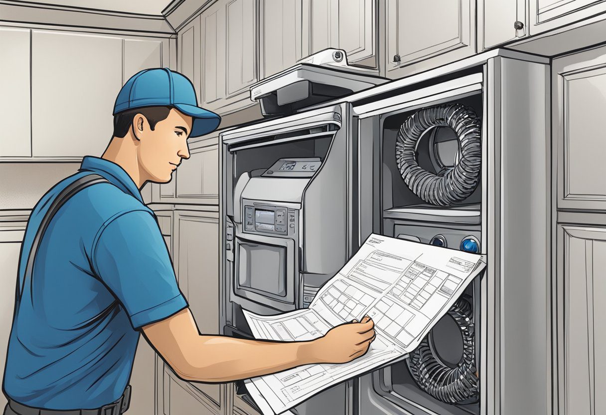 A technician gathers equipment and checks the schedule for a dryer vent cleaning appointment in Plano, TX