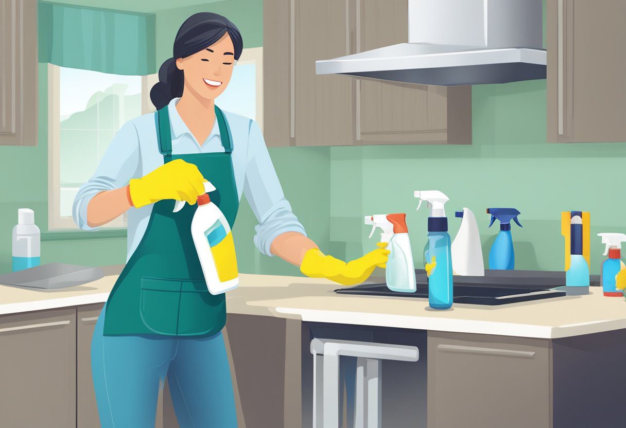 A person wearing gloves sprays a cleaning solution onto surfaces, eliminating odors and bacteria in a room in Plano, TX