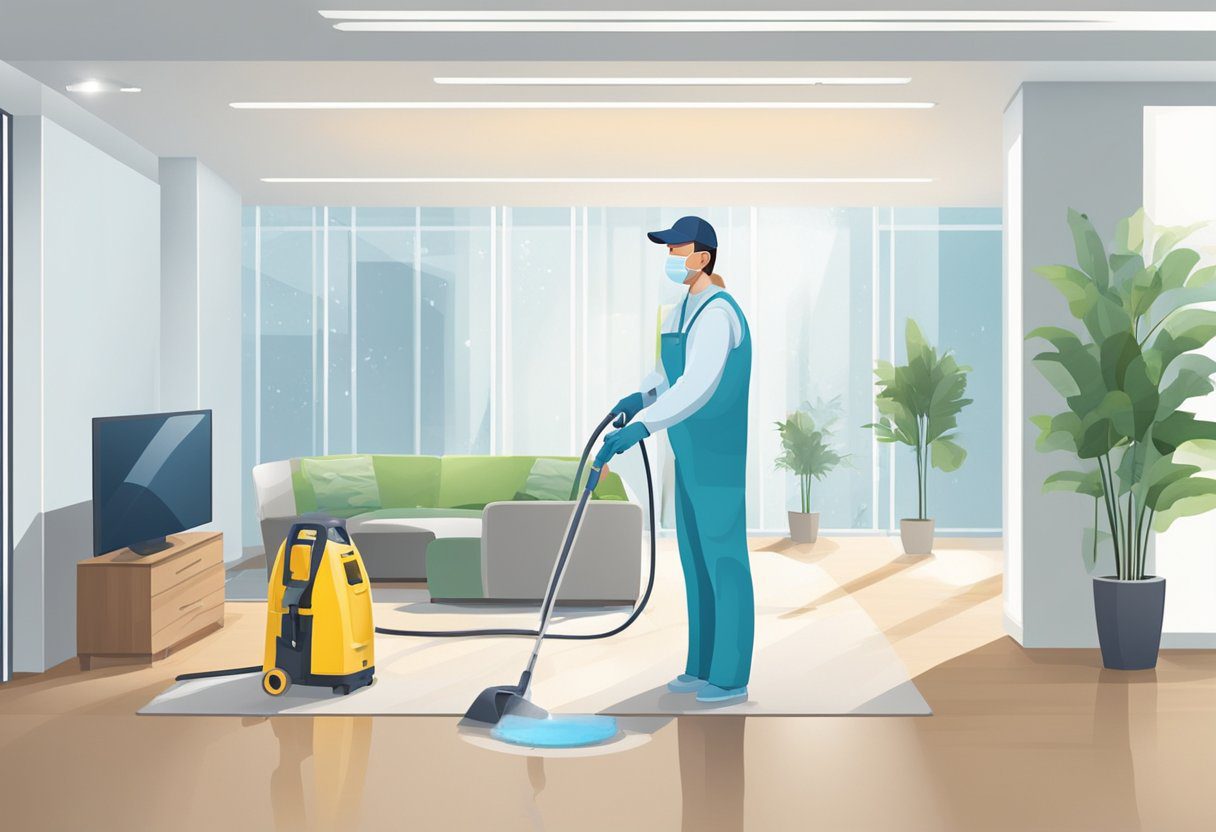 A technician sprays disinfectant in a spacious, well-lit room with furniture and equipment. The area is clean, fresh, and free of odors