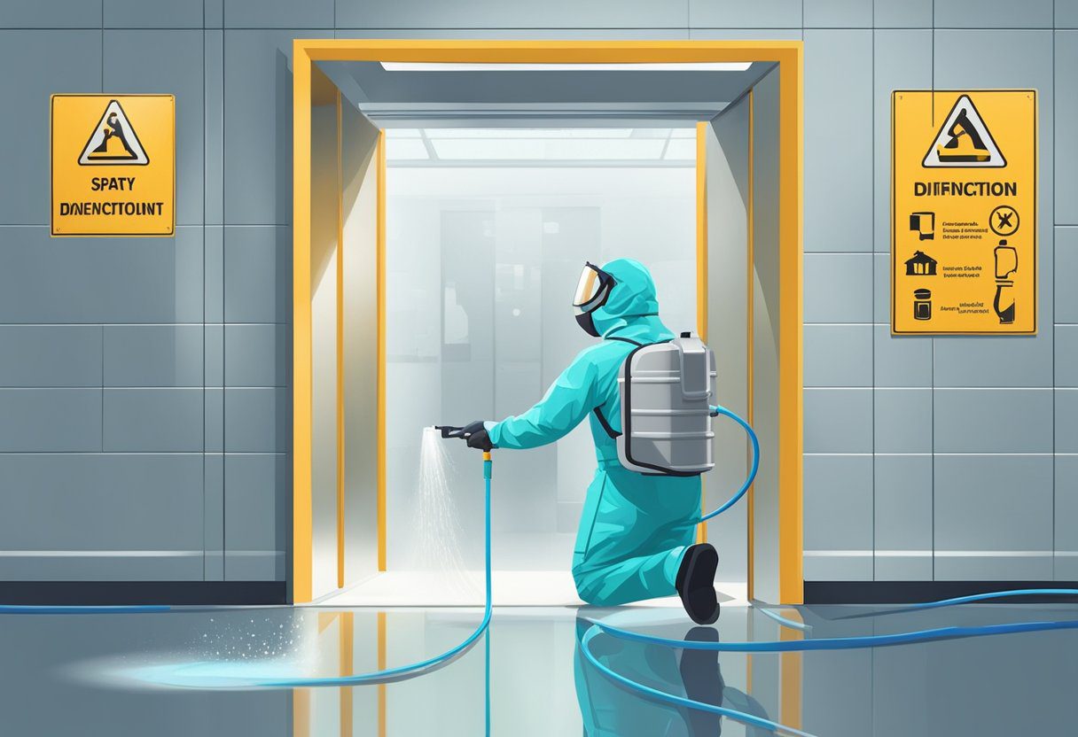 A person in a hazmat suit sprays disinfectant on surfaces in a well-lit room with proper ventilation and safety signage