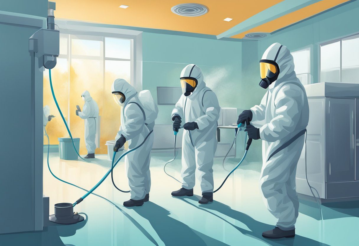 A team in hazmat suits sprays disinfectant in a room with a strong odor, using advanced equipment to sanitize and deodorize the area