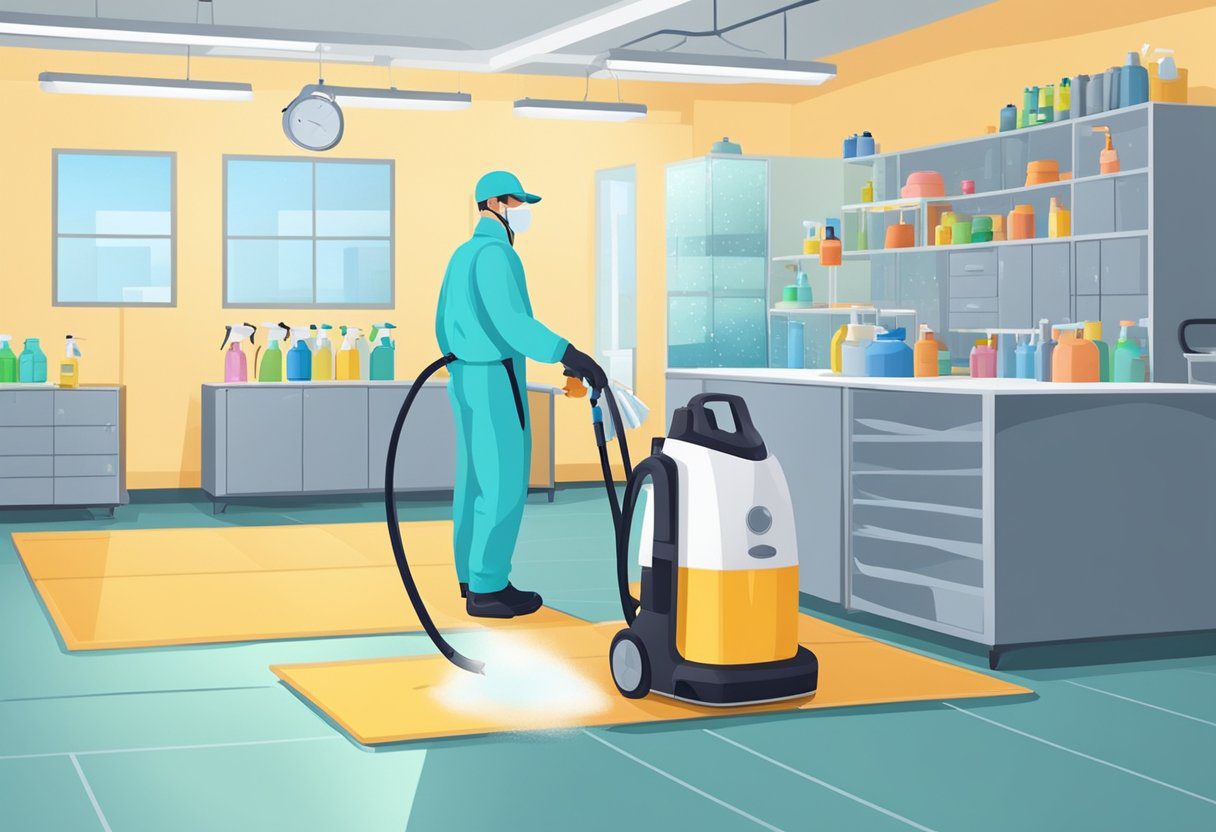 A technician sprays disinfectant in a spacious room, eliminating odors and germs. Equipment and tools are neatly organized nearby