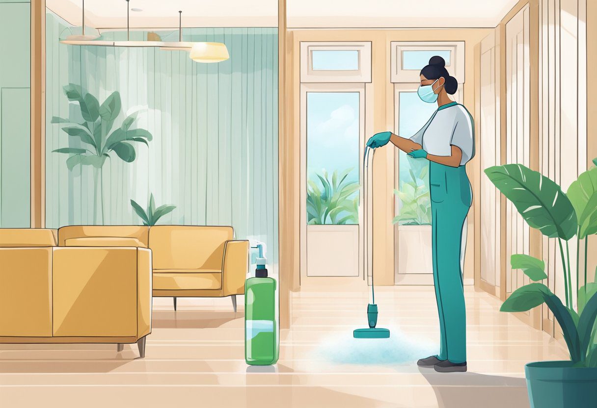 A person spraying eco-friendly sanitizer in a clean, fresh-smelling room