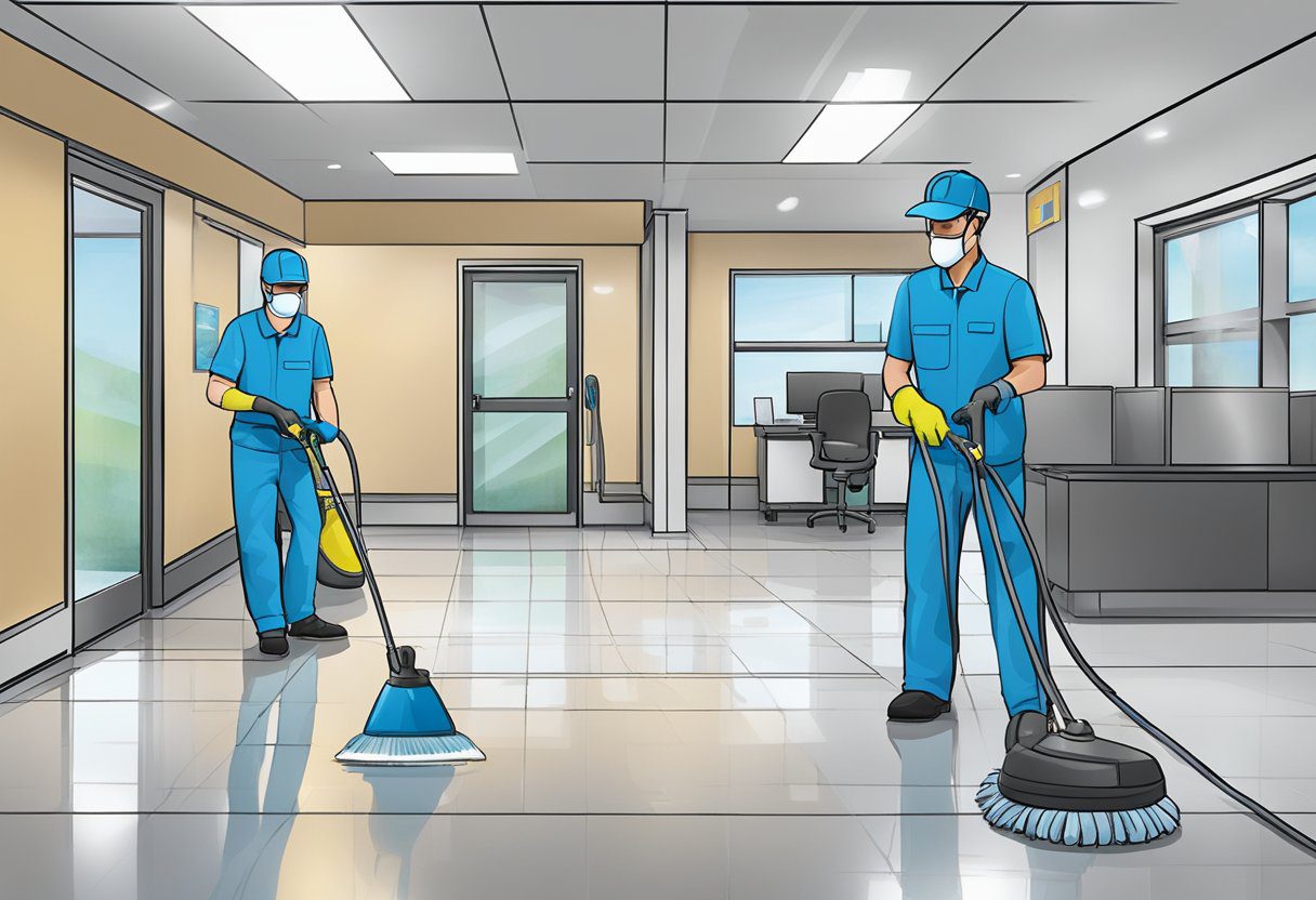 A professional sanitization team sprays and deodorizes a commercial space in Plano, TX, with a focus on thorough and effective cleaning