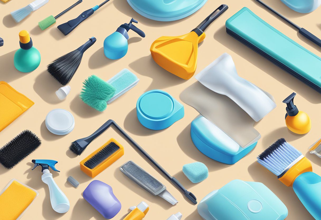 A variety of sanitization products and tools arranged neatly on a clean surface, including sprays, wipes, and brushes. The scene is well-lit and organized, with a focus on cleanliness and hygiene