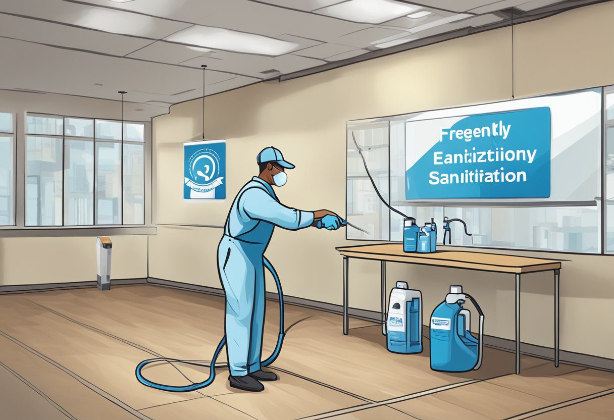 A technician sprays disinfectant in a spacious room with a logo of "Frequently Asked Questions Sanitization and Deodorization Plano TX" prominently displayed on the wall