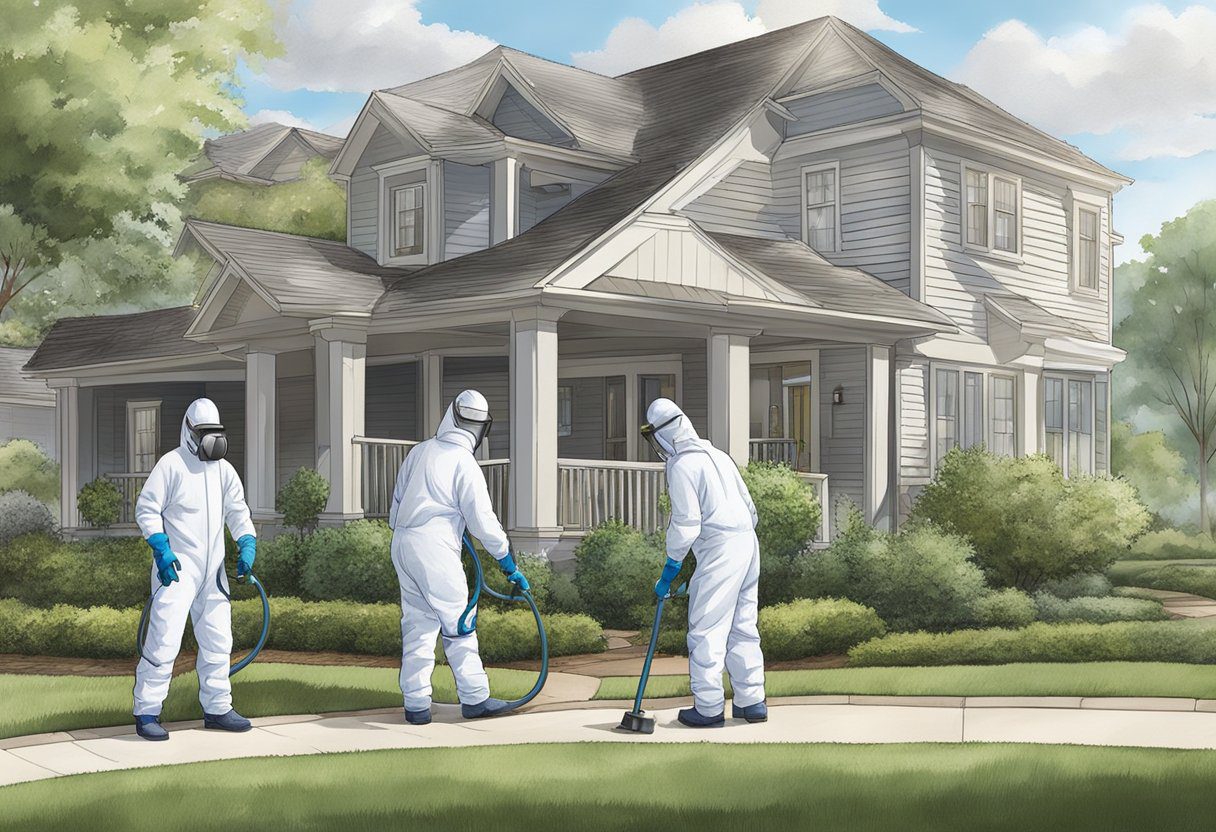 A team of professionals in protective gear spraying and deodorizing a residential property in Plano, TX