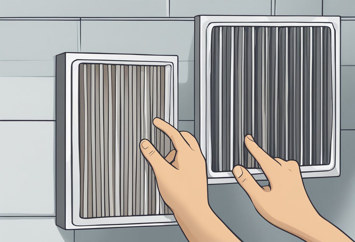 A hand reaches for a dirty air filter in a home HVAC system, while a new clean filter sits nearby, ready for replacement