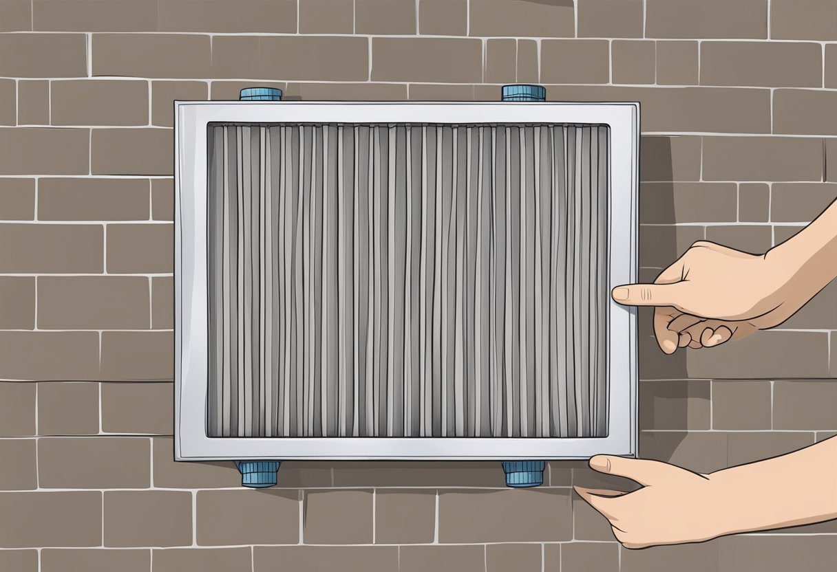 A hand reaching for a dirty air filter, replacing it with a new one, then checking for proper installation