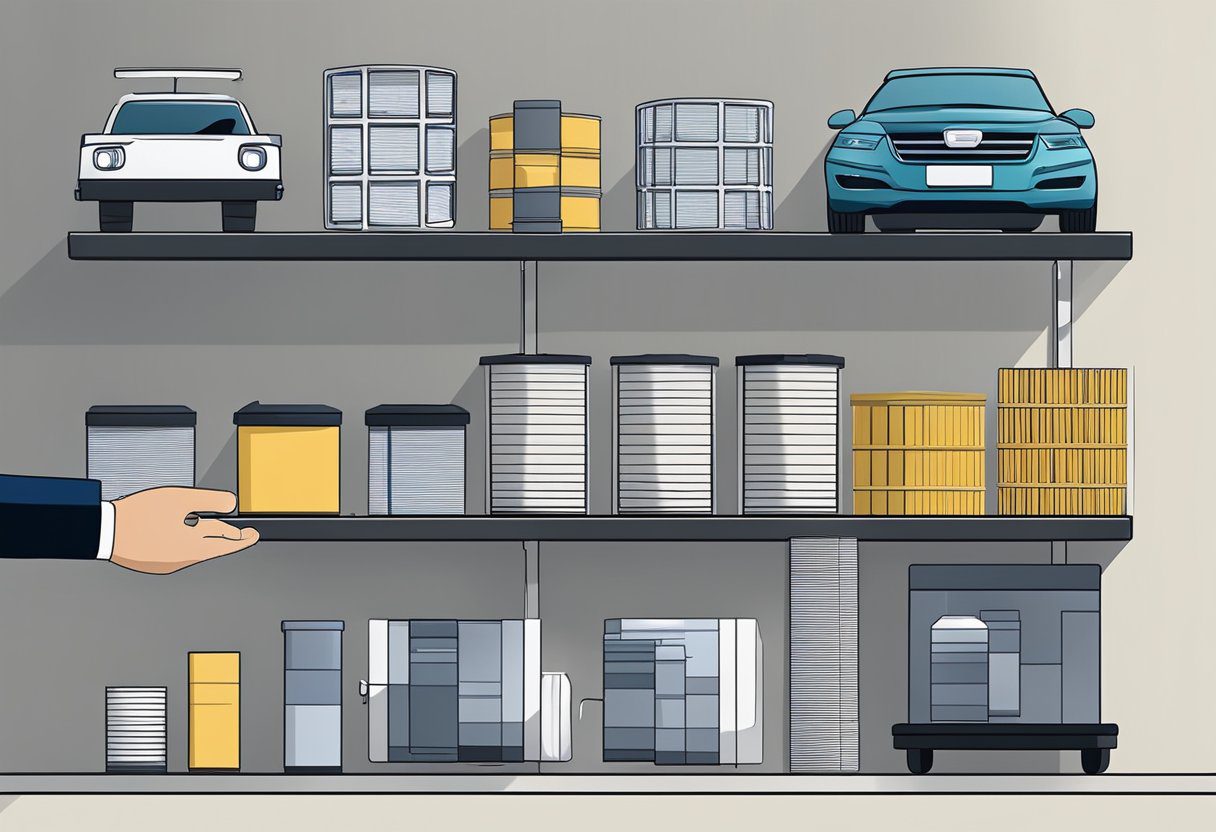 A hand reaches for a variety of air filters on a shelf, with a vehicle in the background. The filters are labeled with different vehicle makes and models