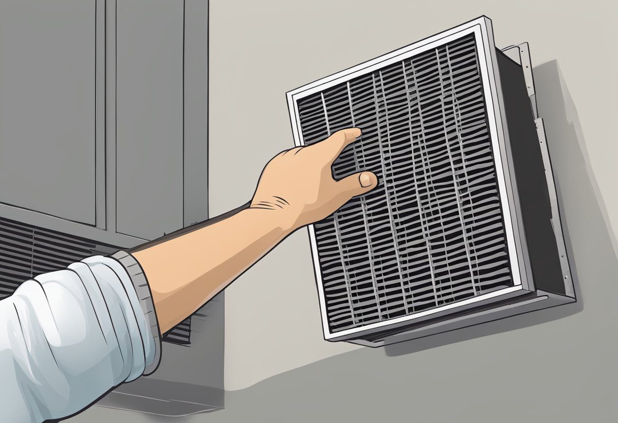 A hand reaches out to remove a dirty air filter from a HVAC system, with a new replacement filter nearby. Dust and debris are visible on the old filter