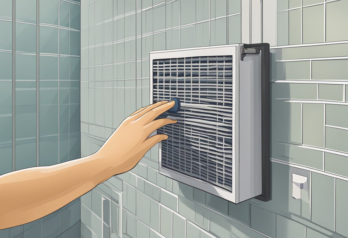 A hand reaches for an air filter in a home HVAC system. The filter is dirty and needs replacement. A calendar on the wall indicates the last replacement date