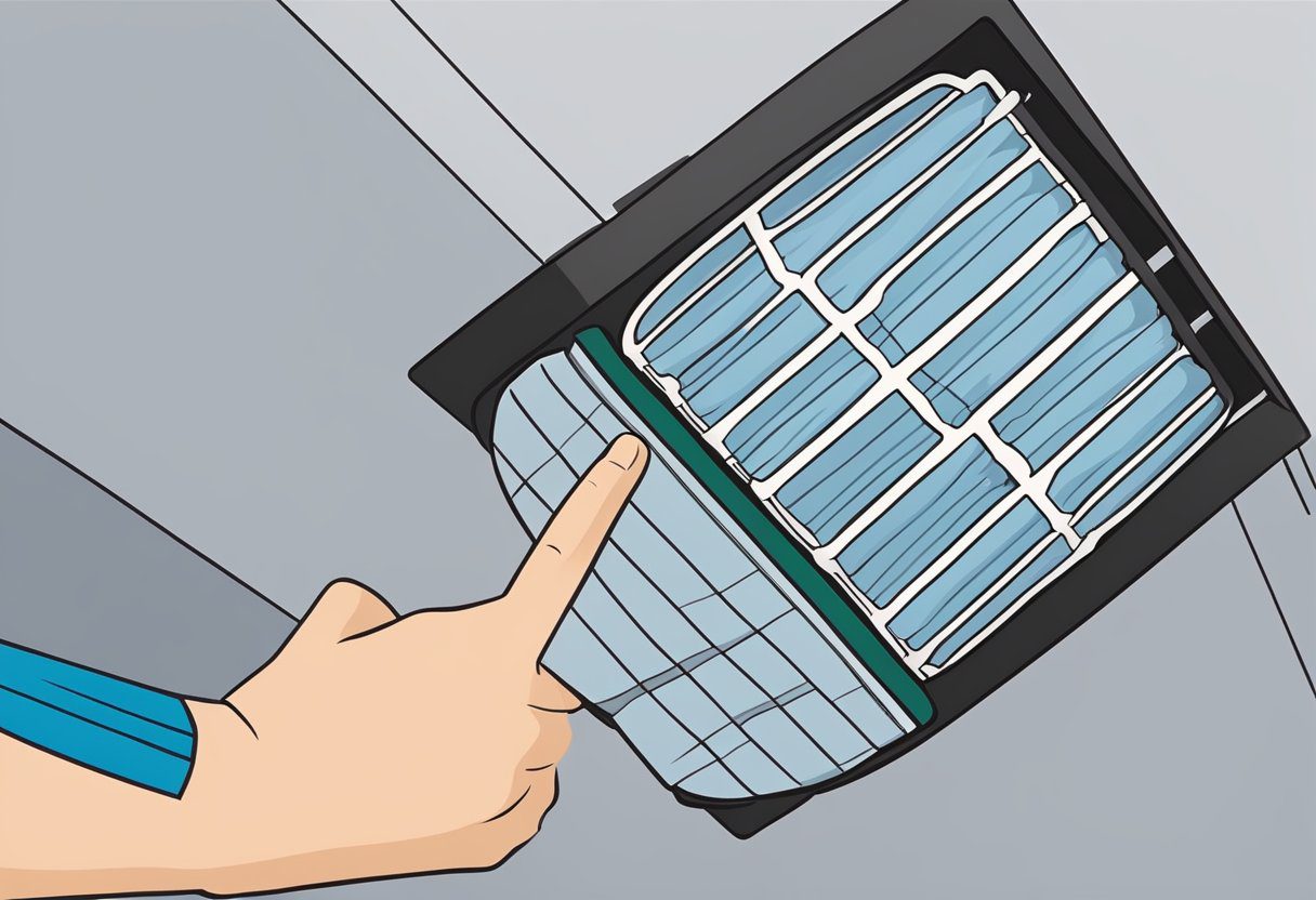 A hand reaches for an air filter in a Plano, TX home. The filter is being replaced as part of routine maintenance